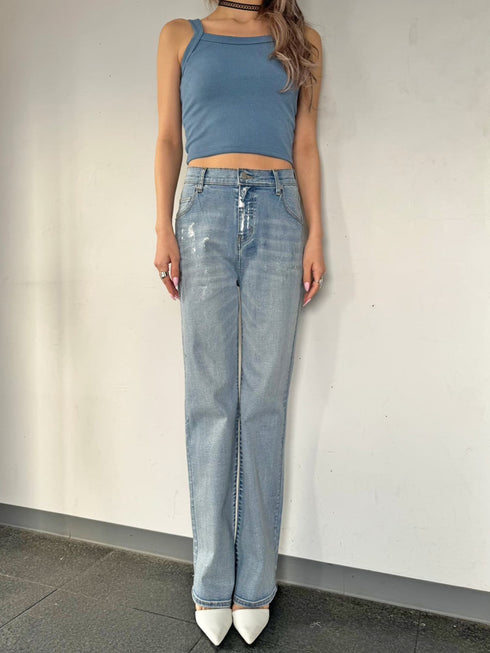 ホイルプリントデニムストレートパンツ