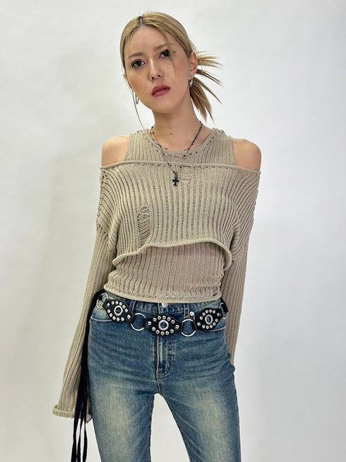 ダメージレイヤードニットトップ