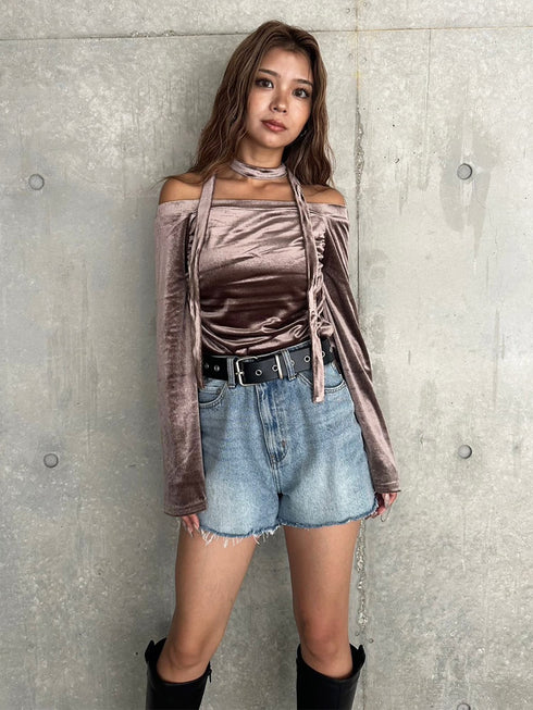 ストール付オフショルベロアトップ