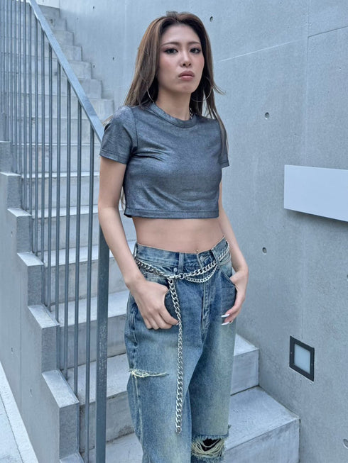 シャイニーショート半袖トップス