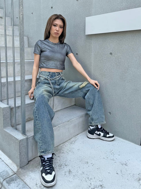 シャイニーショート半袖トップス