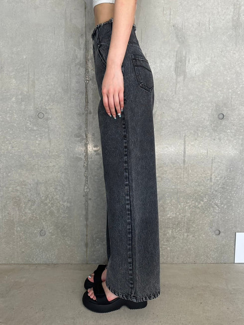 カットオフハイウエストデニムワイドパンツ