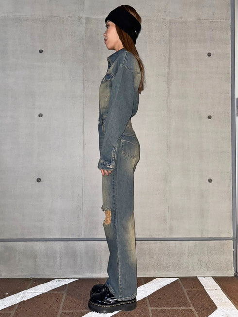 ヴィンテージ加工デニムオールインワン