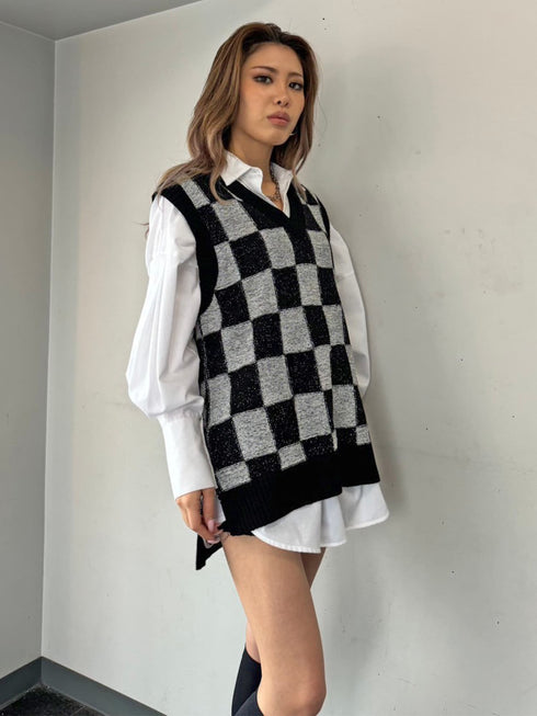 ブロックチェックニットベスト