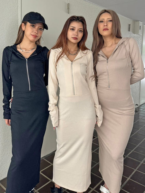 フロントジップリブフーディワンピース