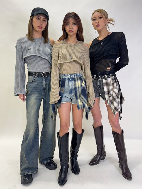 ダメージレイヤードニットトップ