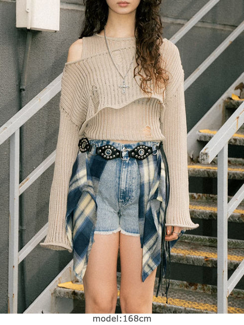 ダメージレイヤードニットトップ