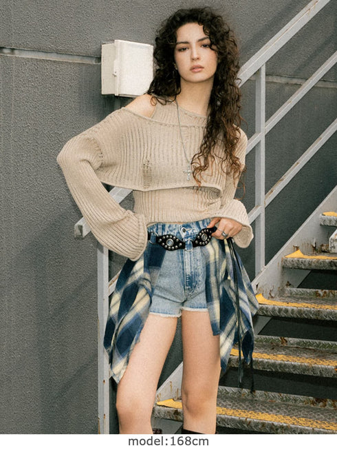 ダメージレイヤードニットトップ