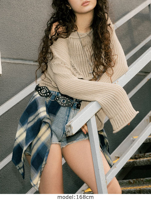 ダメージレイヤードニットトップ