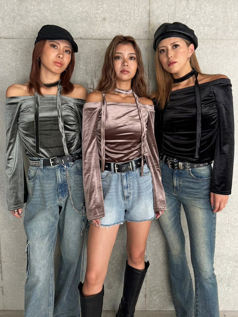 ストール付オフショルベロアトップ