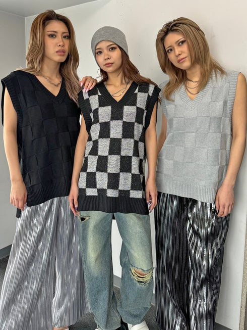 ブロックチェックニットベスト