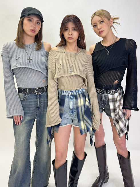 ダメージレイヤードニットトップ