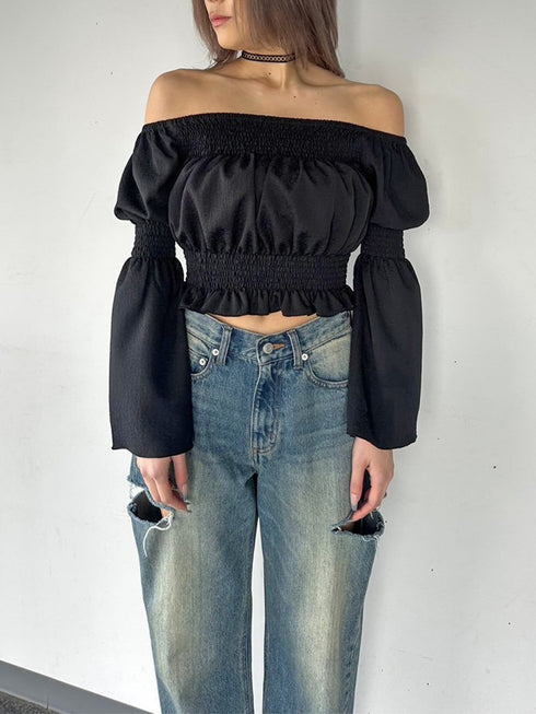 オフショルシャーリングトップス