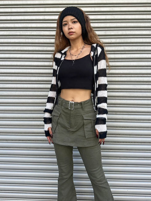 ボーダー透かしニットパーカー