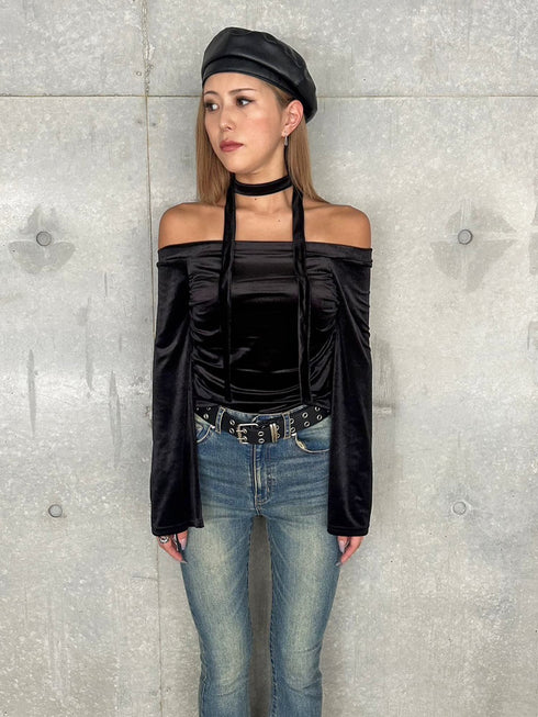 ストール付オフショルベロアトップ