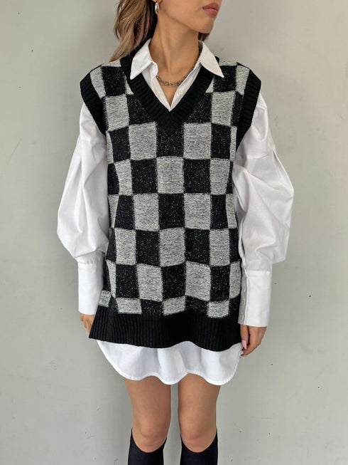 ブロックチェックニットベスト