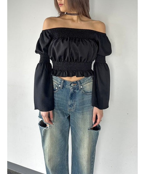 オフショルシャーリングトップス