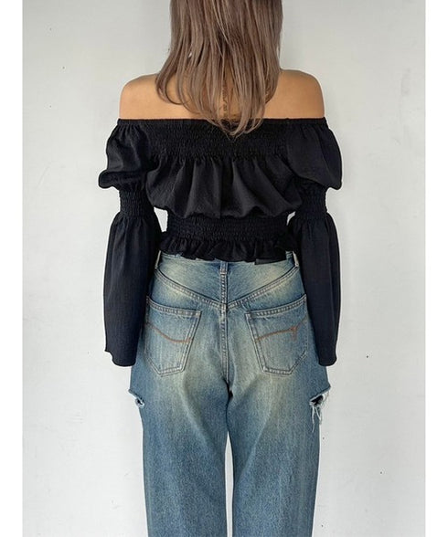 オフショルシャーリングトップス