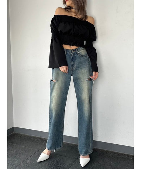 オフショルシャーリングトップス