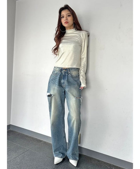 ボトルネックホイルプリントリブトップス