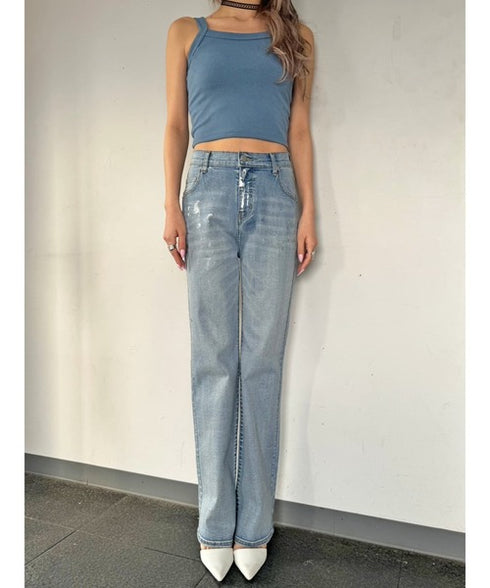 ホイルプリントデニムストレートパンツ