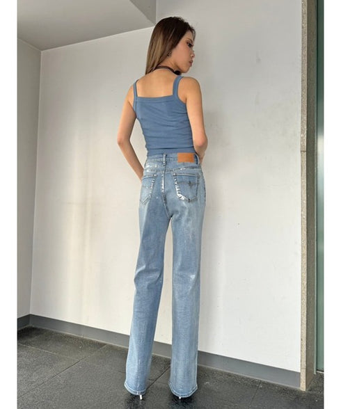 ホイルプリントデニムストレートパンツ