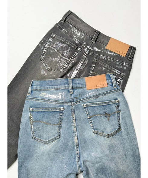 ホイルプリントデニムストレートパンツ