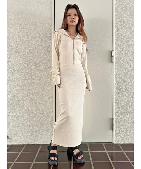 フロントジップリブフーディワンピース