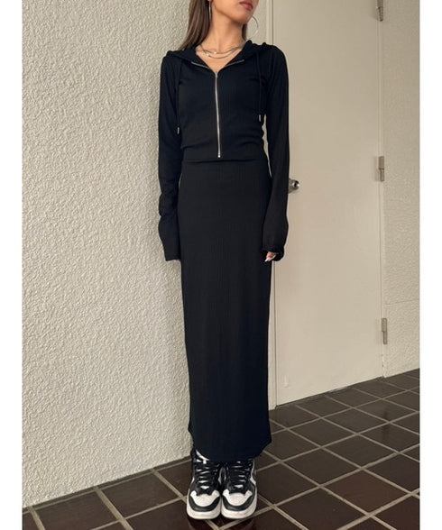 フロントジップリブフーディワンピース