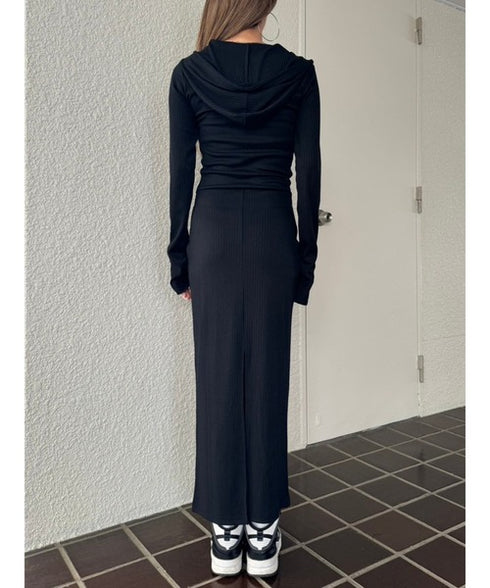 フロントジップリブフーディワンピース