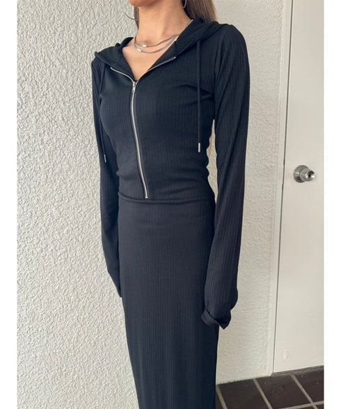 フロントジップリブフーディワンピース