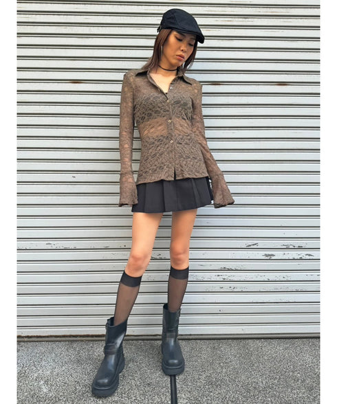フェイクレザーベルト付プリーツスカート