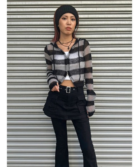 ボーダー透かしニットパーカー