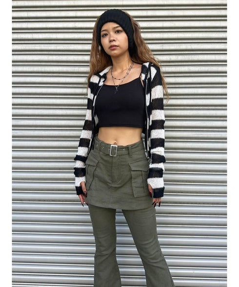 ボーダー透かしニットパーカー