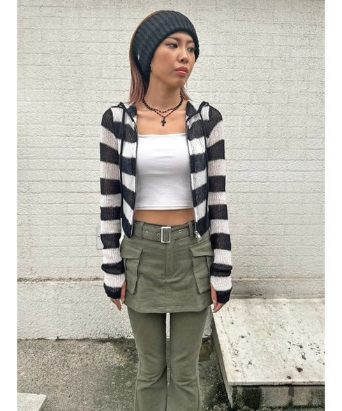 ボーダー透かしニットパーカー