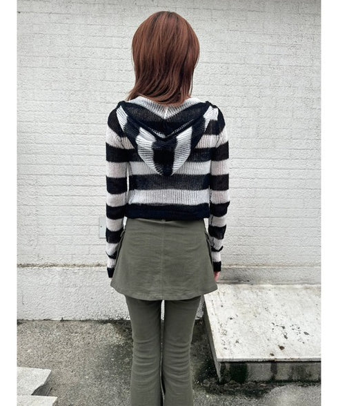 ボーダー透かしニットパーカー