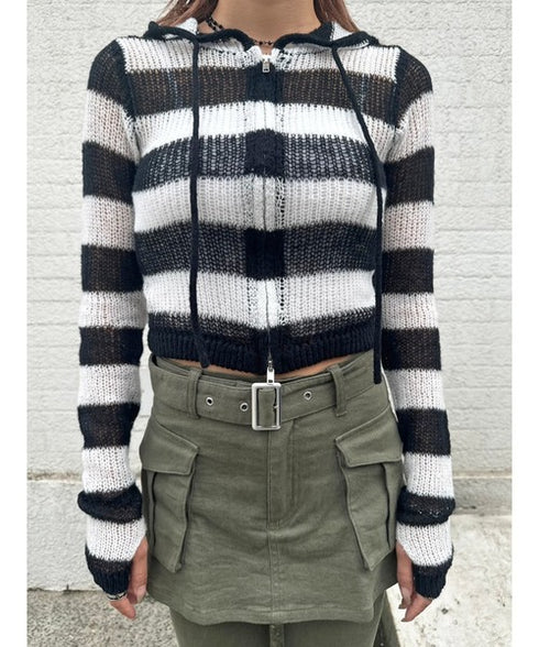 ボーダー透かしニットパーカー