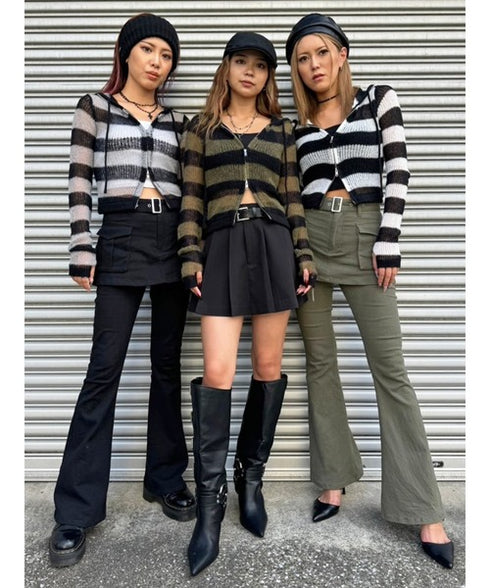 ボーダー透かしニットパーカー