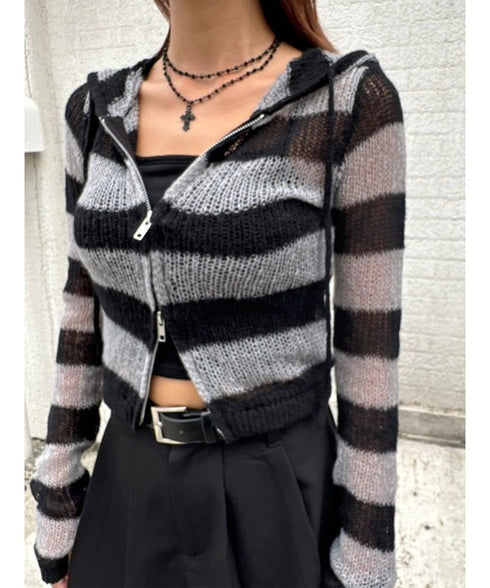 ボーダー透かしニットパーカー