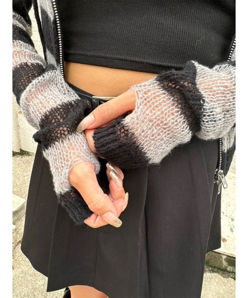 ボーダー透かしニットパーカー