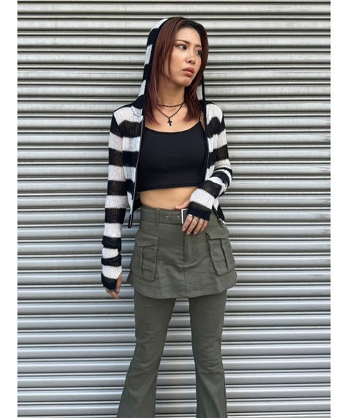 ボーダー透かしニットパーカー