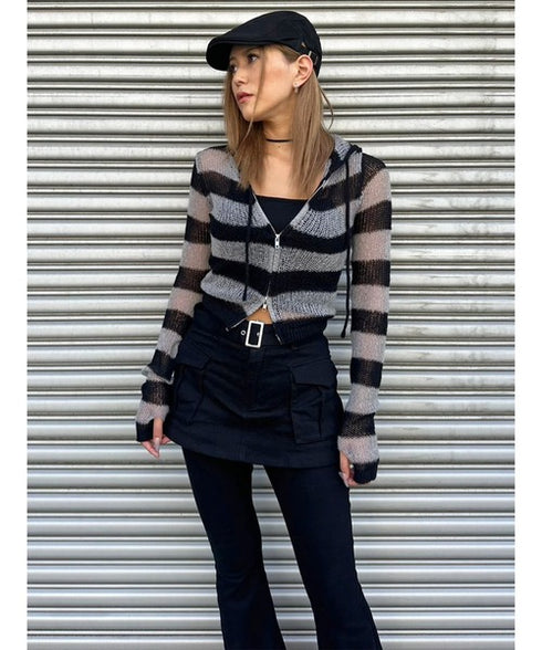 ボーダー透かしニットパーカー