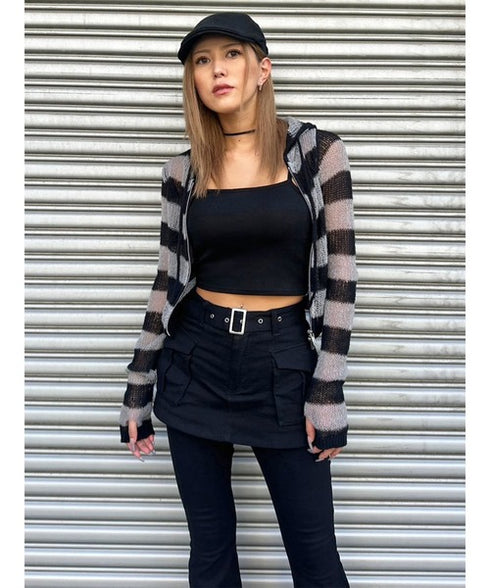 ボーダー透かしニットパーカー