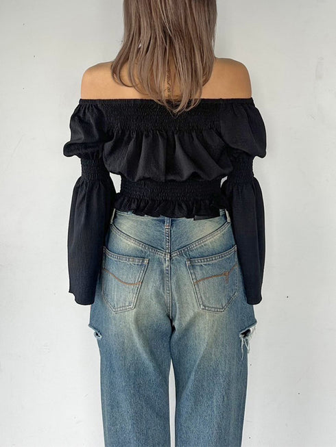 オフショルシャーリングトップス