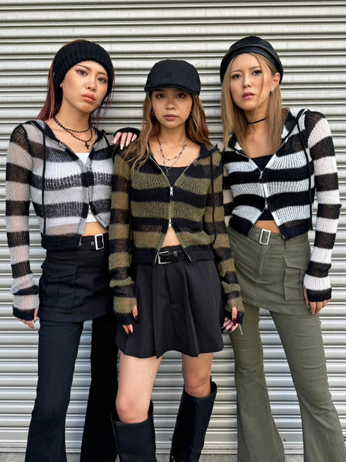 ボーダー透かしニットパーカー