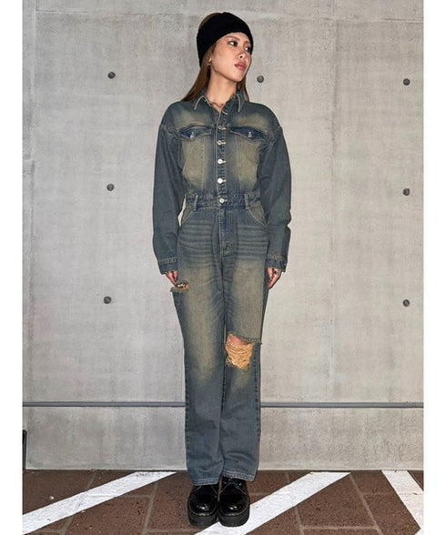 ヴィンテージ加工デニムオールインワン