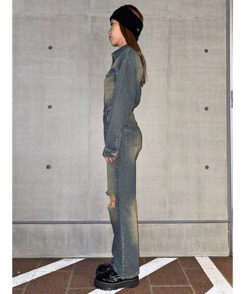 ヴィンテージ加工デニムオールインワン