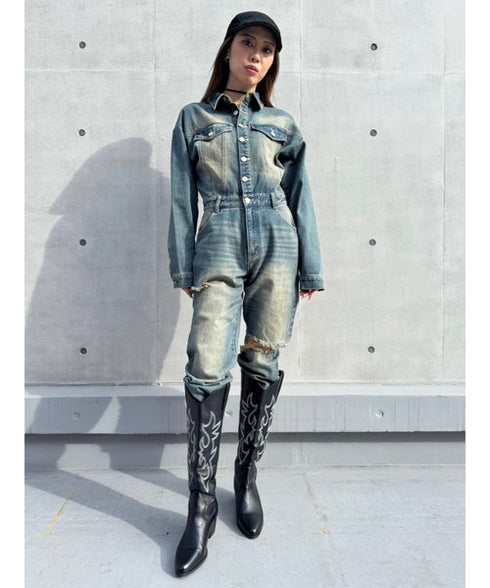 ヴィンテージ加工デニムオールインワン