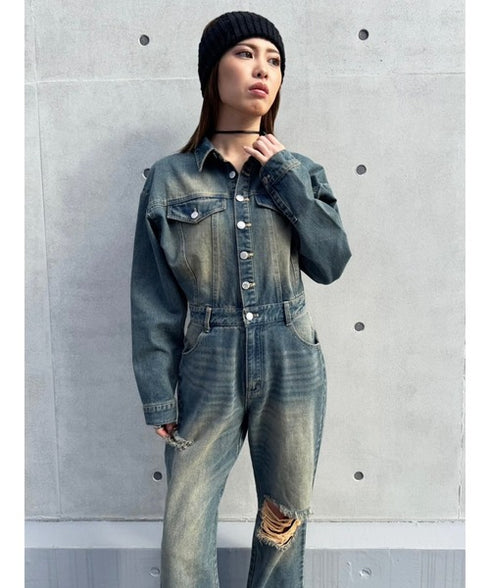 ヴィンテージ加工デニムオールインワン