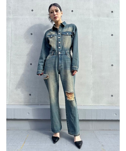 ヴィンテージ加工デニムオールインワン
